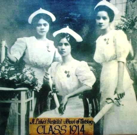 Three women pose dressed as nurses when graduating from A. Luke's Hospital School of Nursing, Class 1914.
